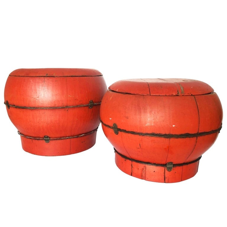 Chinese Red Lacquered Wood Rice Bucket Decorative Box with Lid: A pair of vintage decorative wooden boxes in red, crafted in a distinctive barrel form with iron banding. Each piece features a fitted wooden lid and retains its original patina, with charming signs o