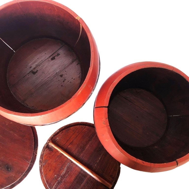 Chinese Red Lacquered Wood Rice Bucket Decorative Box with Lid - 5