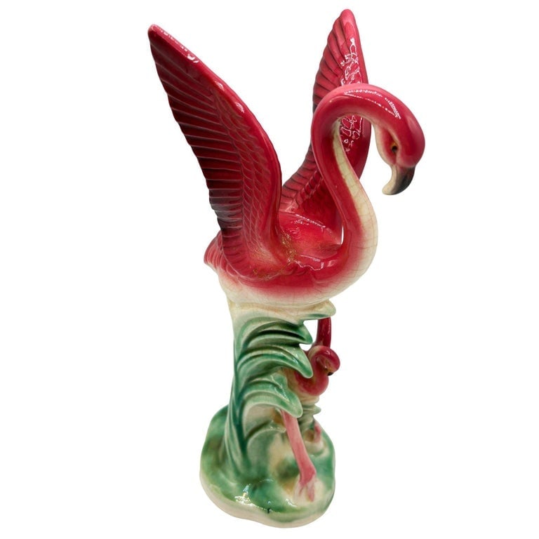 Mid-Century Child and Mother Flamingo Ceramic Statue By Leftons (REPAIRED) - 2
