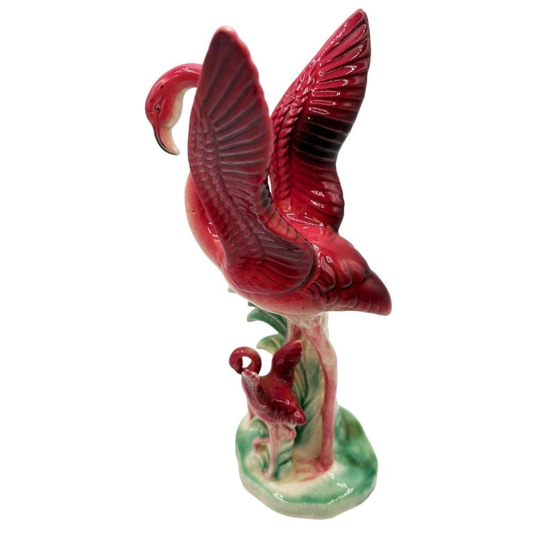Mid-Century Child and Mother Flamingo Ceramic Statue By Leftons (REPAIRED) - 3