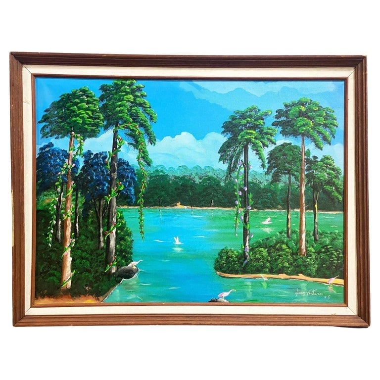 Large Tropical Hawaiian Scenic with Flamingos Oil on Canvas Signed: Large 32" X 23" oil on canvas painting. This vibrant painting depicts a serene tropical lagoon framed by lush, towering palm trees and dense jungle foliage. A winding turquoise waterway leads the eye