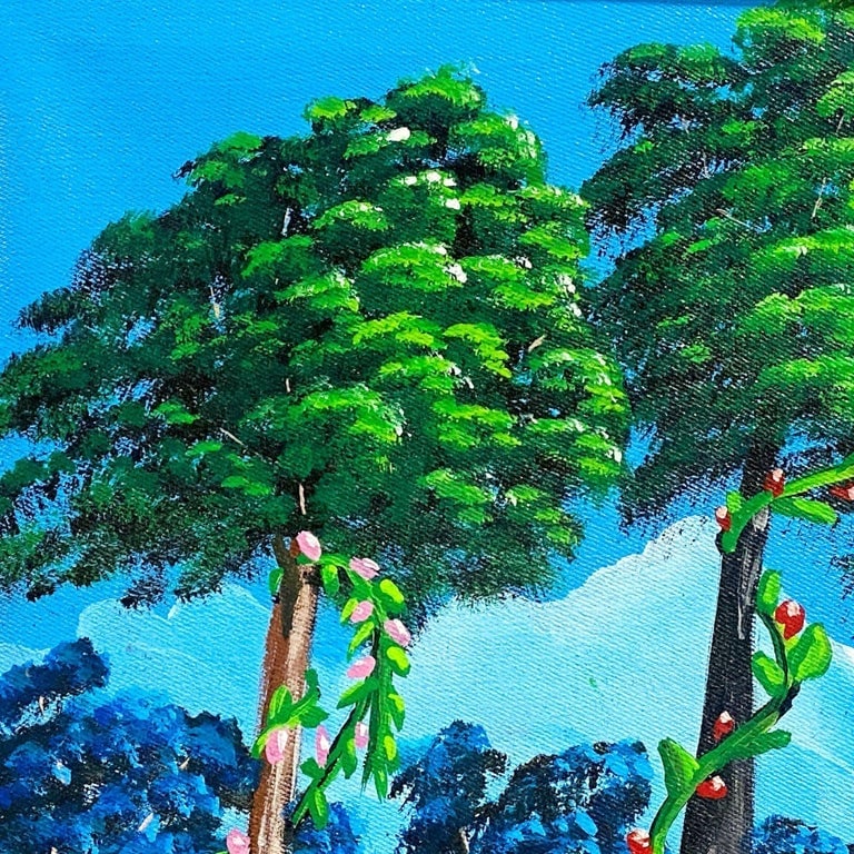Large Tropical Hawaiian Scenic with Flamingos Oil on Canvas Signed - 2