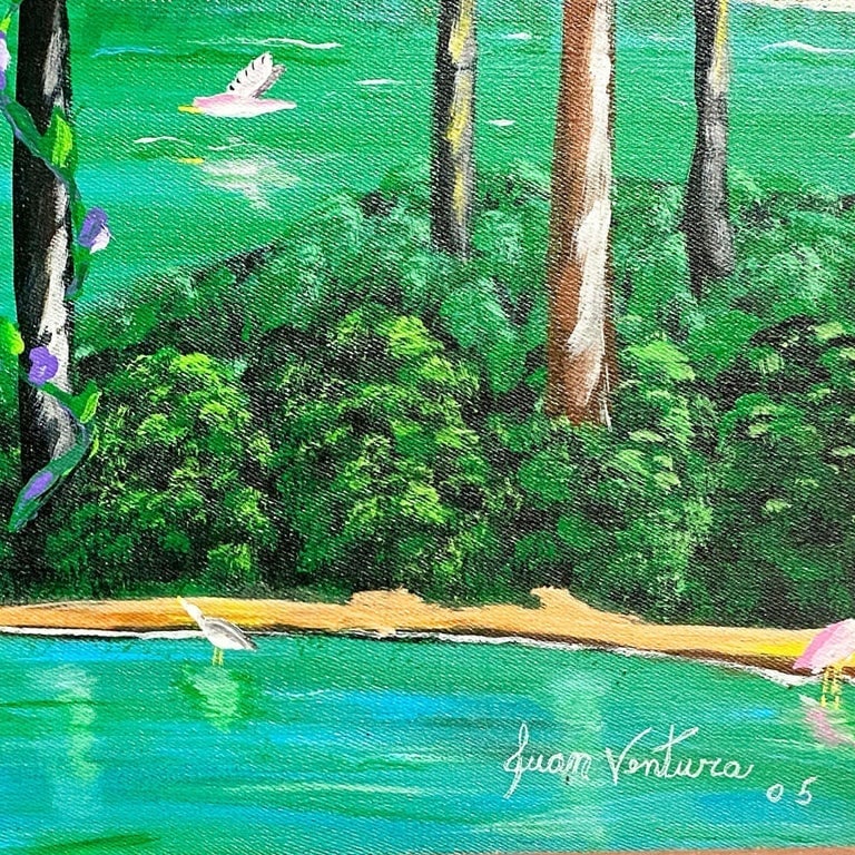 Large Tropical Hawaiian Scenic with Flamingos Oil on Canvas Signed - 4
