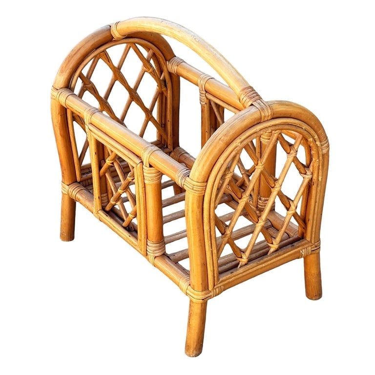 Restored Mid-century Rattan "Triumphal Arch" Magazine Rack with Handle: This beautifully restored lattice rattan magazine holder or small storage table blends style and vintage charm with modern comfort. Made in 1950 it is all meticulously refinished to highlight the