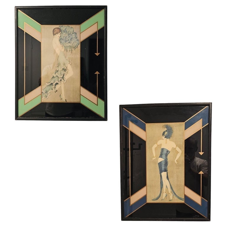 Art Deco Flapper Fashion Illustration "Tanz" Prints Frames by Vala Moro, Pair: This striking pair of Art Deco flapper fashion "Tanz" prints by Vala Moro captures the elegance and glamour of the 1920s. Each illustration features a stylishly dressed flapper framed in original