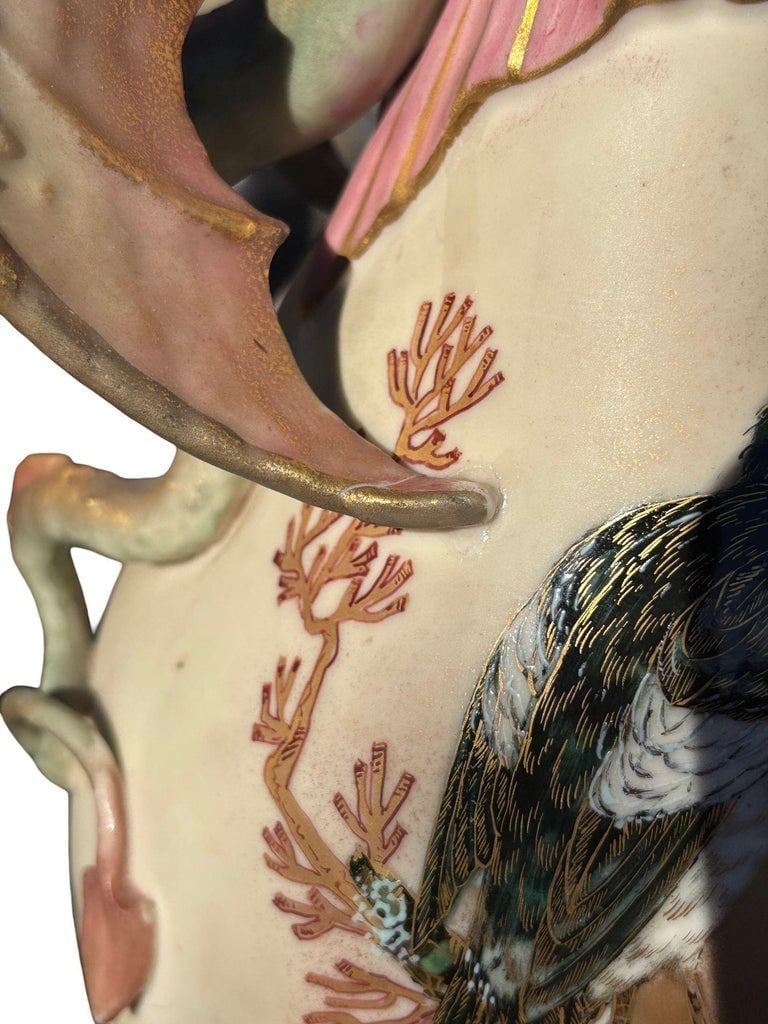 Victorian Dragon Handle Ceramic Vase w/ Hand Painted Corvus by Alfred Stellmache - 11