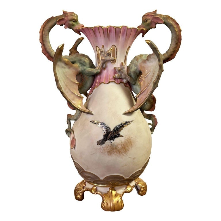 Victorian Dragon Handle Ceramic Vase w/ Hand Painted Corvus by Alfred Stellmache - 3
