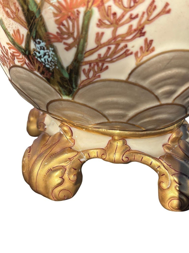 Victorian Dragon Handle Ceramic Vase w/ Hand Painted Corvus by Alfred Stellmache - 6