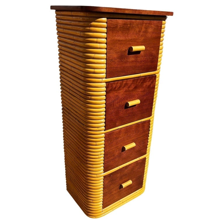 Restored Paul Frankl Style Stacked Rattan and Mahogany Petite Chest of 4 Drawers: Restored Art Deco era rattan chest of drawers with a mahogany top and four pull-out mahogany fronted drawers. The petite dresser is a perfect blend of functionality and Pacific Island/Hawaiian-inspire
