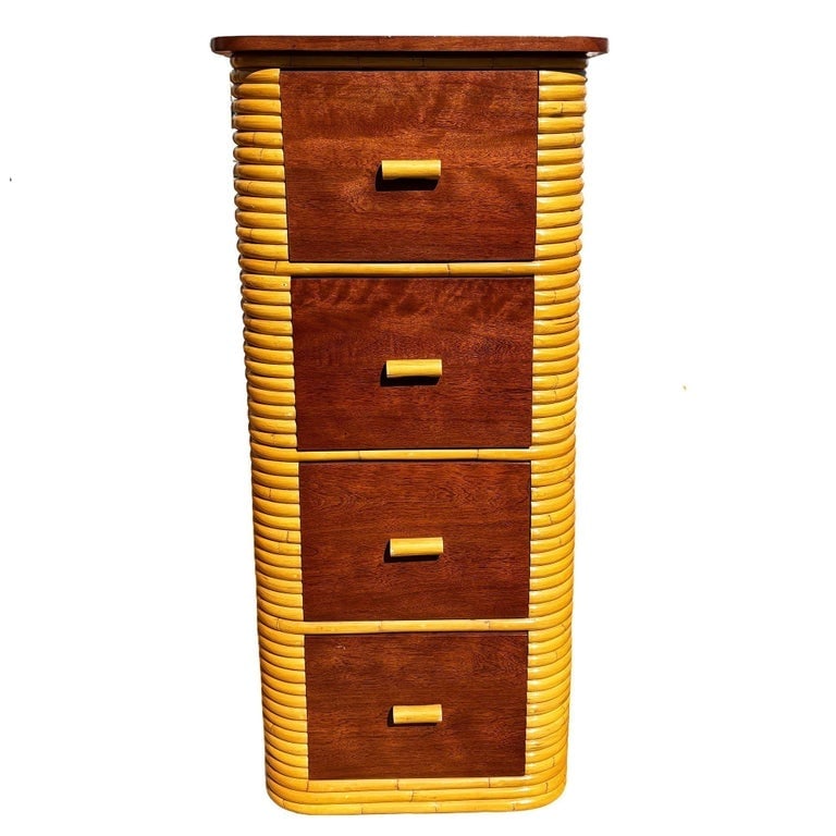 Restored Paul Frankl Style Stacked Rattan and Mahogany Petite Chest of 4 Drawers - 2