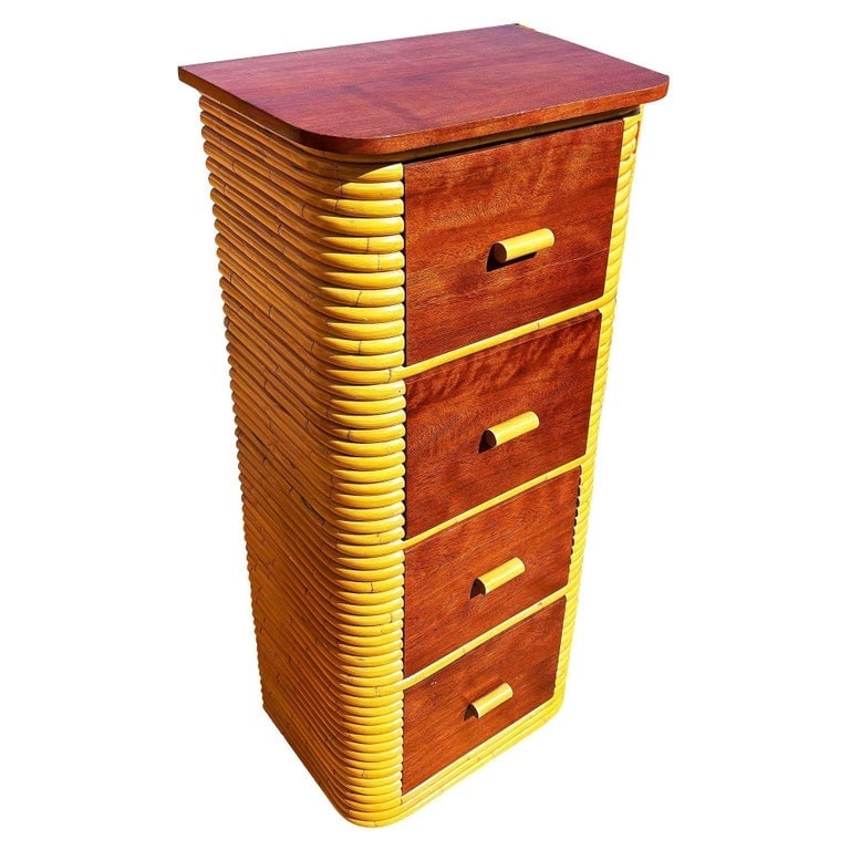 Restored Paul Frankl Style Stacked Rattan and Mahogany Petite Chest of 4 Drawers - 3