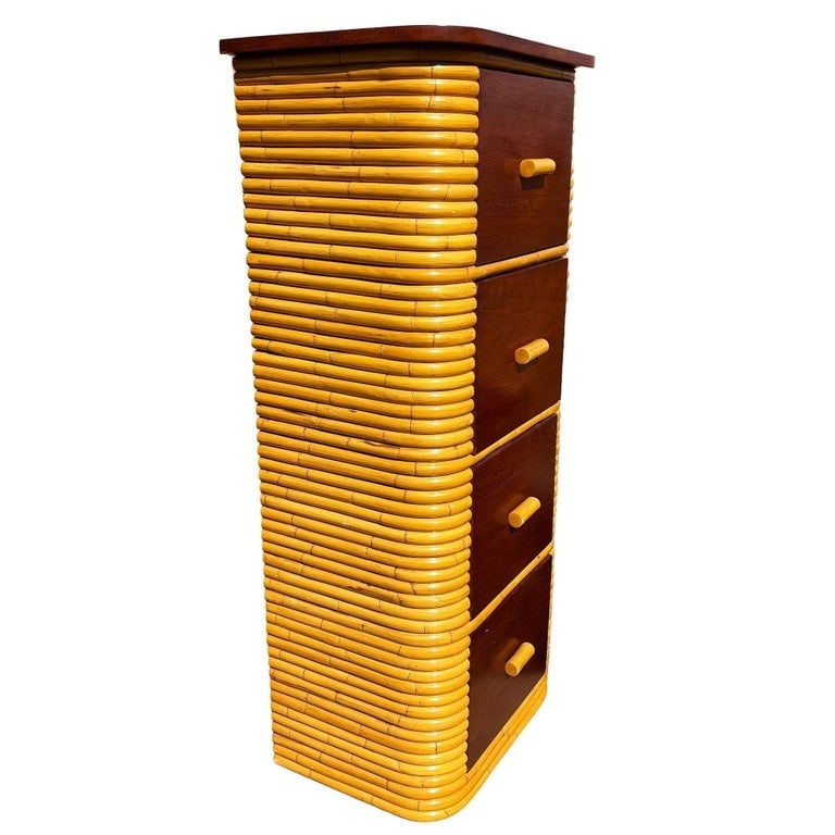 Restored Paul Frankl Style Stacked Rattan and Mahogany Petite Chest of 4 Drawers - 5