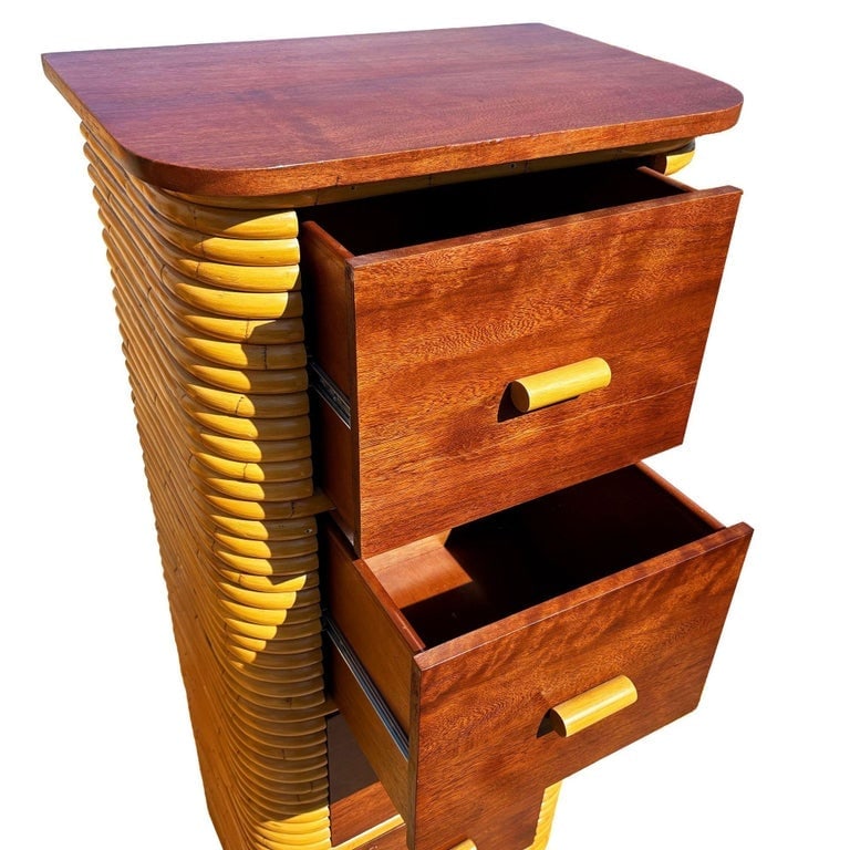 Restored Paul Frankl Style Stacked Rattan and Mahogany Petite Chest of 4 Drawers - 7