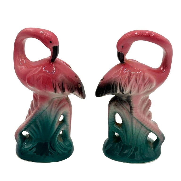 1980 Pink Flamingo Ceramic Tabletop Salt and Pepper Shaker Set by Sarsaparilla - 2