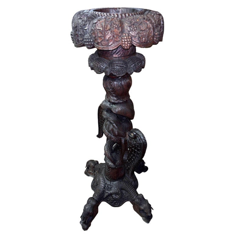 19th Century Anglo Indian Carved Bird and Serpent Wooden Blackwood Plant Stand - 2