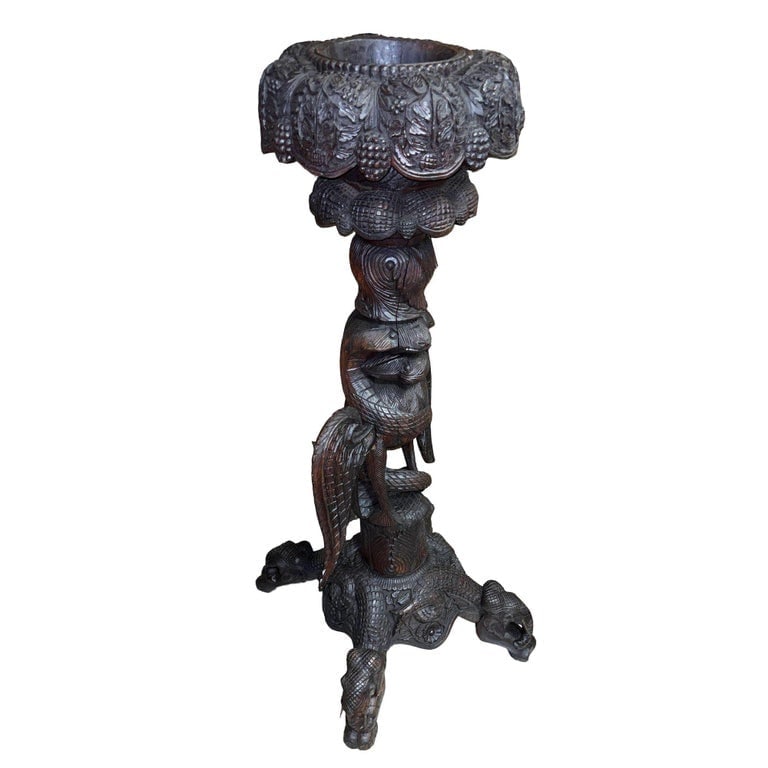 19th Century Anglo Indian Carved Bird and Serpent Wooden Blackwood Plant Stand - 3