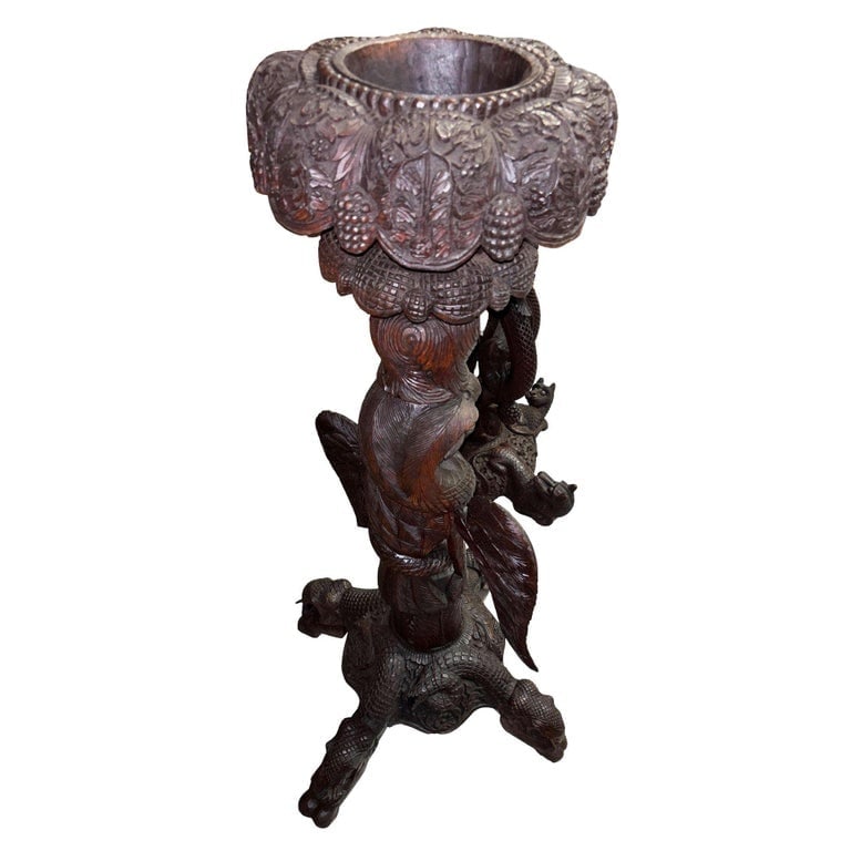 19th Century Anglo Indian Carved Bird and Serpent Wooden Blackwood Plant Stand - 4