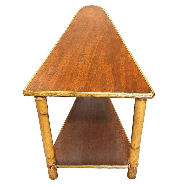 Restored Mid-century Rattan and Mahogany 2-Strand Wedge Side Table w/ Bottom Shelf - 2