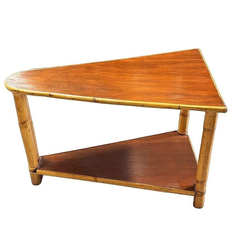 Restored Mid-century Rattan and Mahogany 2-Strand Wedge Side Table w/ Bottom Shelf - 6