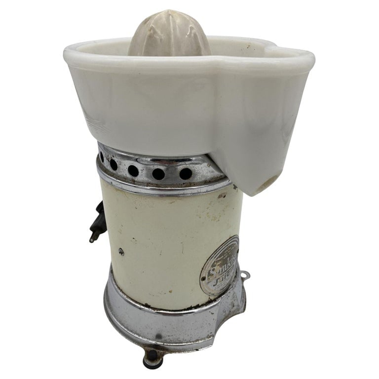 Vintage Mid-Century Sunkist Juicer: A Handy Hot juicer, circa 1940's, model No.2700M manufactured by the Silex Company division of Chicago Electric Mfg. The case is restored in a automotive hunter green finish detailed in gold