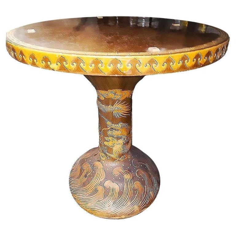Post-war Chinese Dragon Glazed Art Pottery Pedestal Garden Patio Dining Table (1 of 7)