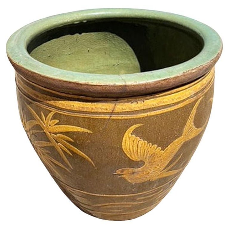 19th Century Large Bird and Bamboo Art Pottery Chinese Egg Pot Jardinire Planter: Late 19th-century Chinese art pottery egg jar featuring elegant bird and bamboo motifs hand-applied around the body. Over 120 years old, these vessels were originally used to store black œCentury Egg