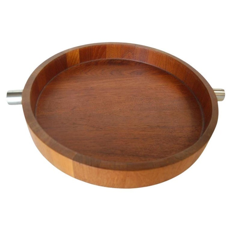 MCM Danish Teak Salad Serving Tray w/ Machined Handles by Cobblewood Lundtofte: Mid Century Large 16" diameter "#6070" Teak Serving tray with machined Stainless Steel handles By Cobblewood Lundtofte Denmark. It would be perfect on a bar or credenza, its timeless design fits in al