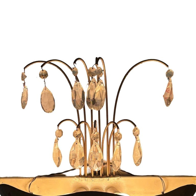 Art Deco Brass Hollywood Regency Palm Leaf Wall Sconce W/ Crystal Arms - 6