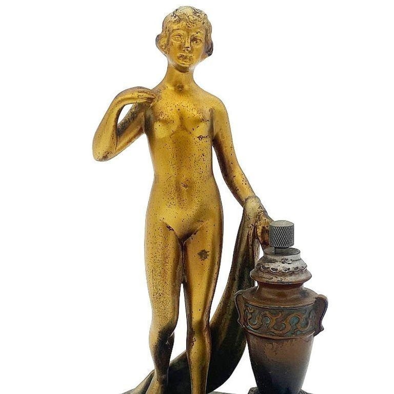 Art Deco Spelter Metal Figure Flapper Goddess Desktop Torch Tip Table Lighter - 10