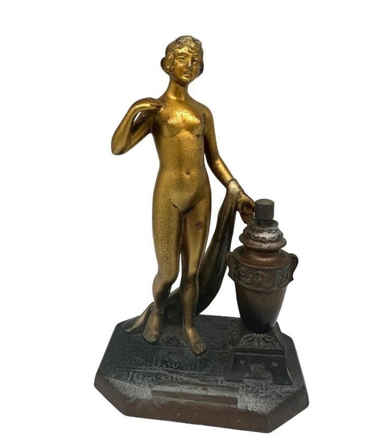 Art Deco Spelter Metal Figure Flapper Goddess Desktop Torch Tip Table Lighter - 2