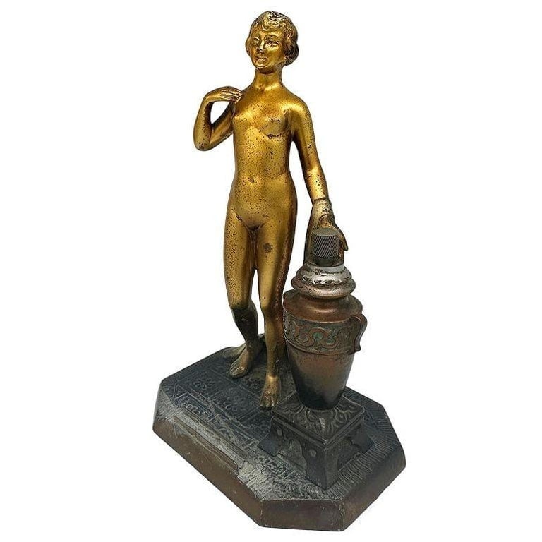 Art Deco Spelter Metal Figure Flapper Goddess Desktop Torch Tip Table Lighter - 3