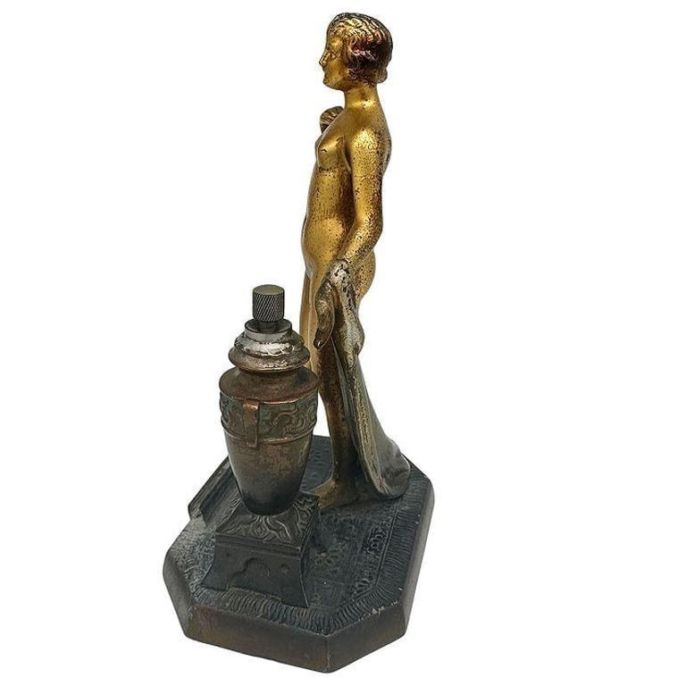 Art Deco Spelter Metal Figure Flapper Goddess Desktop Torch Tip Table Lighter - 4