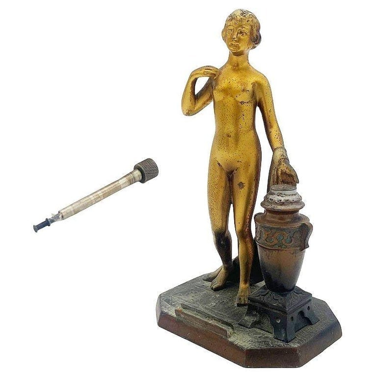 Art Deco Spelter Metal Figure Flapper Goddess Desktop Torch Tip Table Lighter - 7