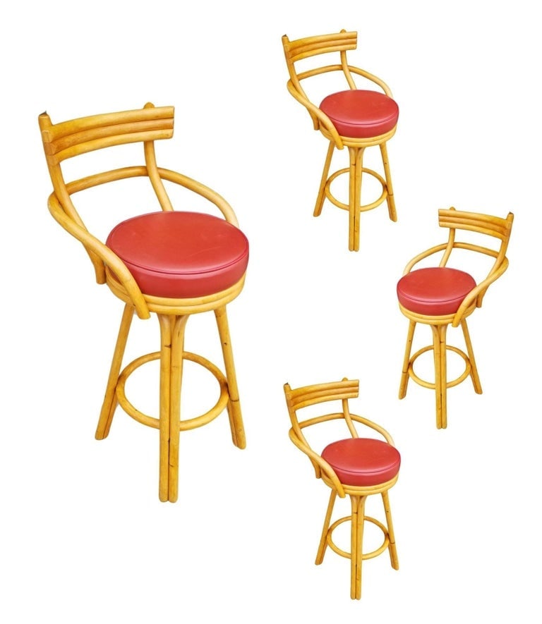 Restored Mid-century Rattan Stacked Bar Swivel Stools w/ Red Seat , Set of 4 - 2