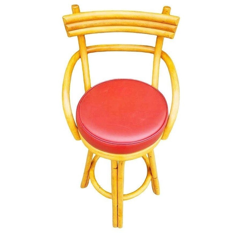 Restored Mid-century Rattan Stacked Bar Swivel Stools w/ Red Seat , Set of 4 - 5