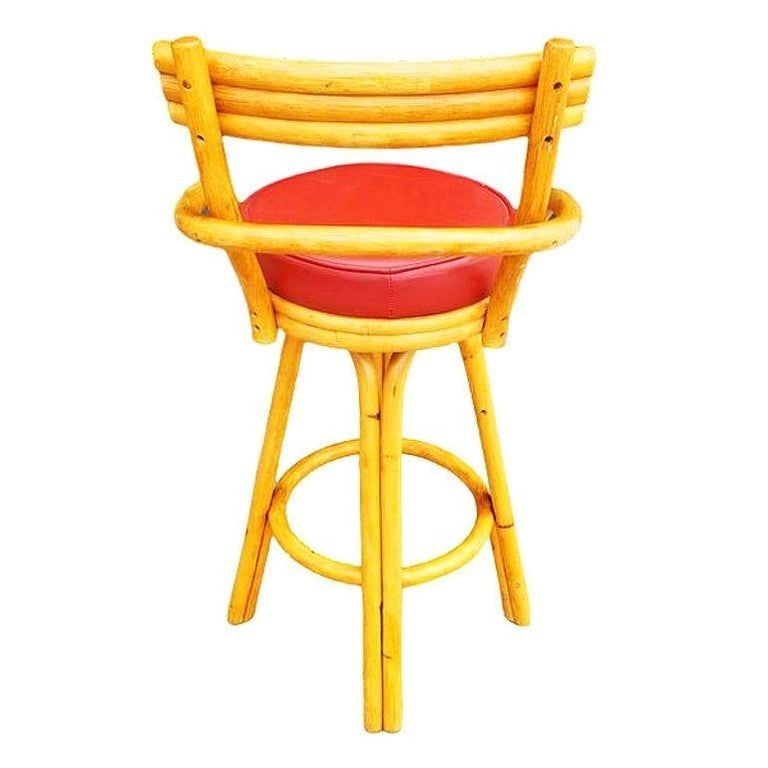 Restored Mid-century Rattan Stacked Bar Swivel Stools w/ Red Seat , Set of 4 - 6