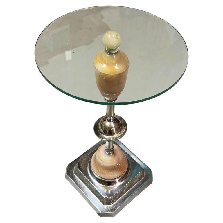 Light Up Chrome Streamline Art Deco Drink Side Glass Top Table w/ Art Glass Base: Art Deco chrome round glass top side drinks table featuring a light-up art glass center with an additional light-up art glass base. This dual-purpose accent lamp and side table piece boasts a streamli