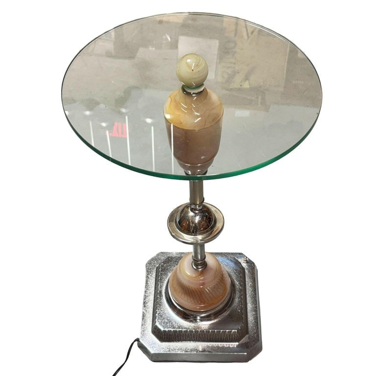 Light Up Chrome Streamline Art Deco Drink Side Glass Top Table w/ Art Glass Base - 2