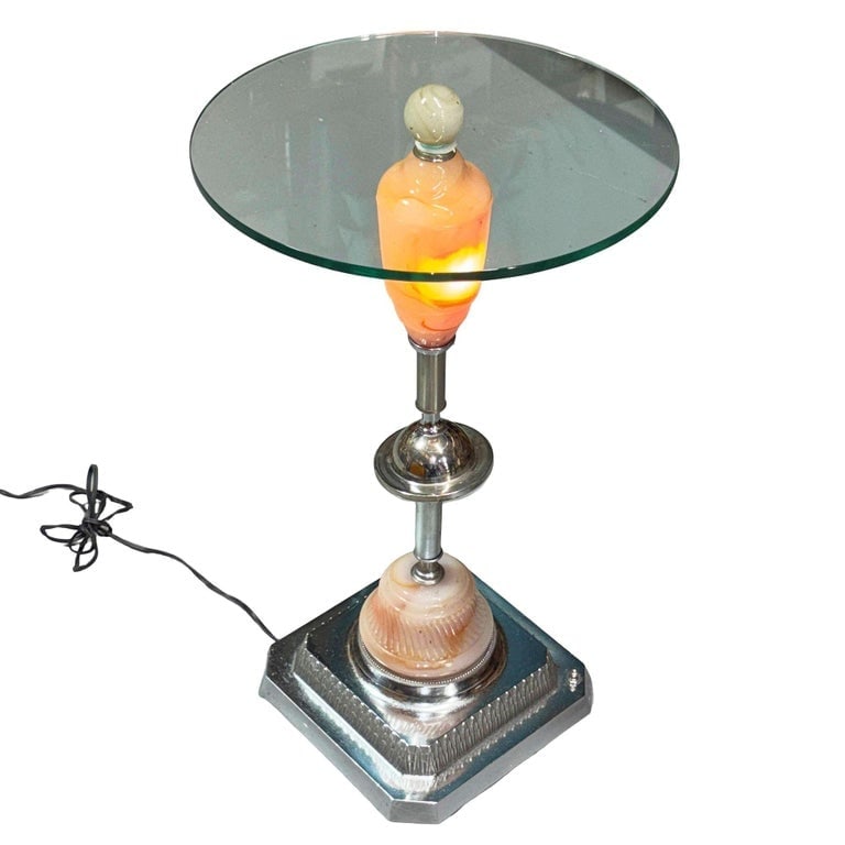 Light Up Chrome Streamline Art Deco Drink Side Glass Top Table w/ Art Glass Base - 8