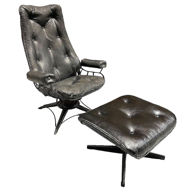 MCM Model 90 "Riviera" Swivel Springer Iron Lounge Chair w/ Ottoman by Homecrest (1 of 15)