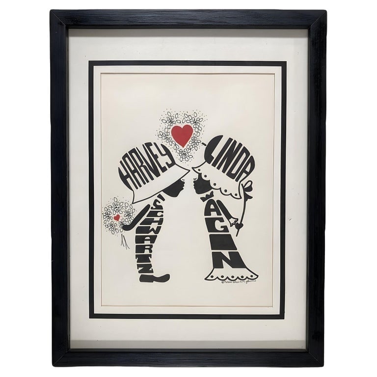 Framed "Personettes" Silhouette Art Lithograph by Julie Dennis, Framed: 1979 Silhouette Art Lithograph by Julie Dennis. The personates are made up of the names " Harvey" and "Linda" and are featured in a black wood frame with a white matte board. Dimensions: 17.5" x