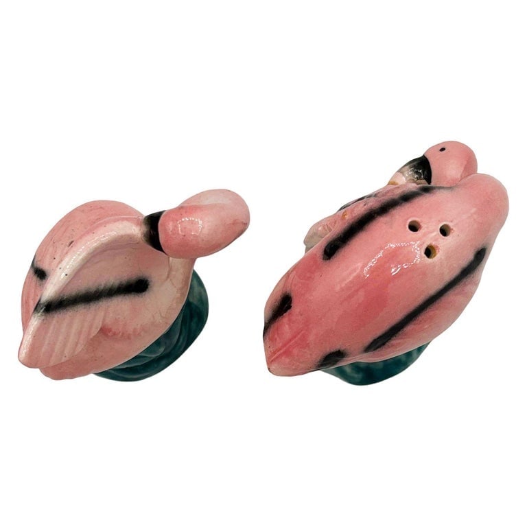 Mid-century Light Pink Flamingo Tropical Leaf Ceramic Salt and Pepper Shaker Set - 3