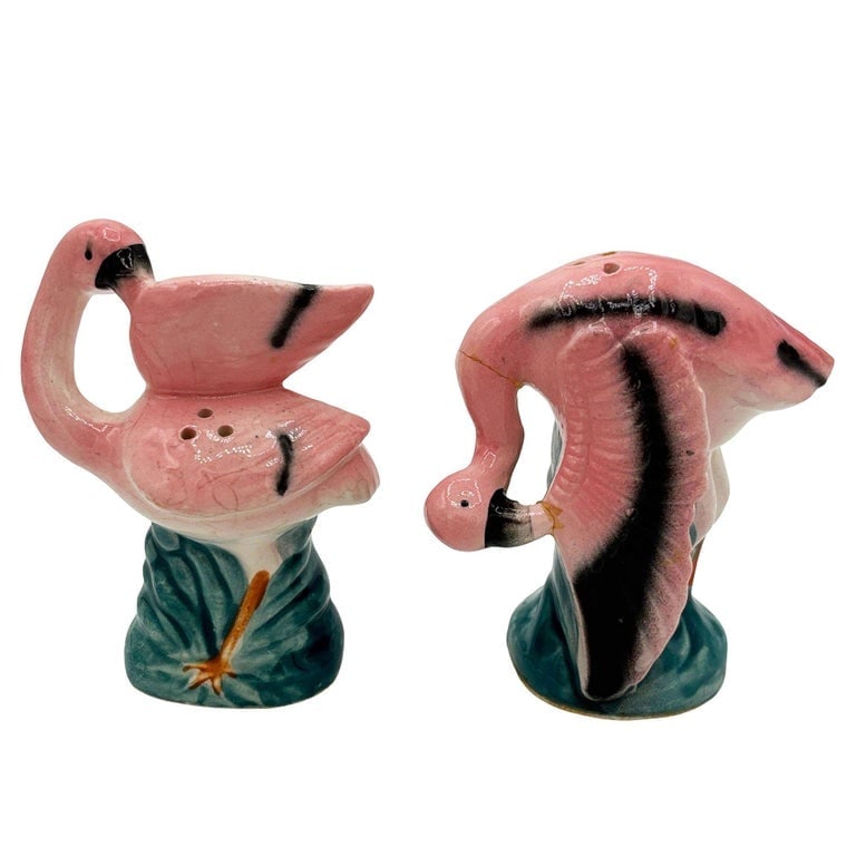 Mid-century Light Pink Flamingo Tropical Leaf Ceramic Salt and Pepper Shaker Set - 4