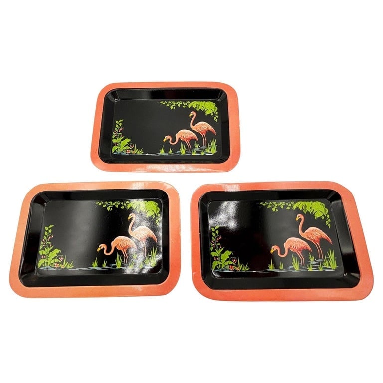 Mid-century Black and Pink Flamingo Enameled Tin Tray, Set of 3 (1 of 4)