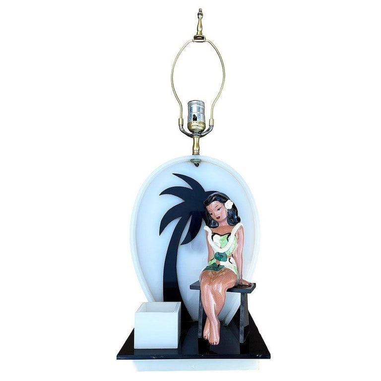 Mid-century Acrylic Hula Girl Midnight Palm Silhouette Table Lamp by Moss - 7