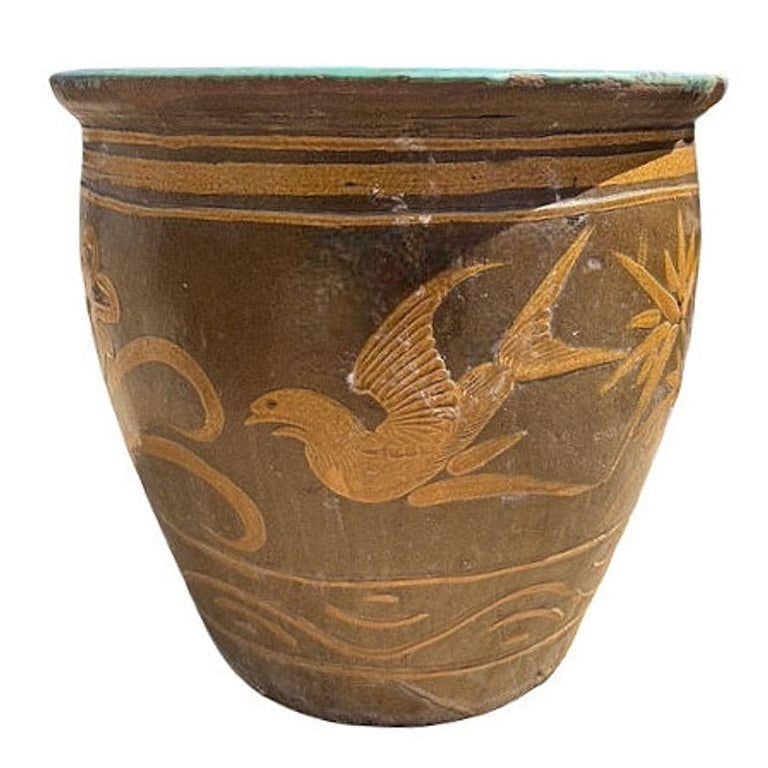 Antique Century Chinese Egg Art Pottery Holder Bird and Dragon Jardinire Planter - 9