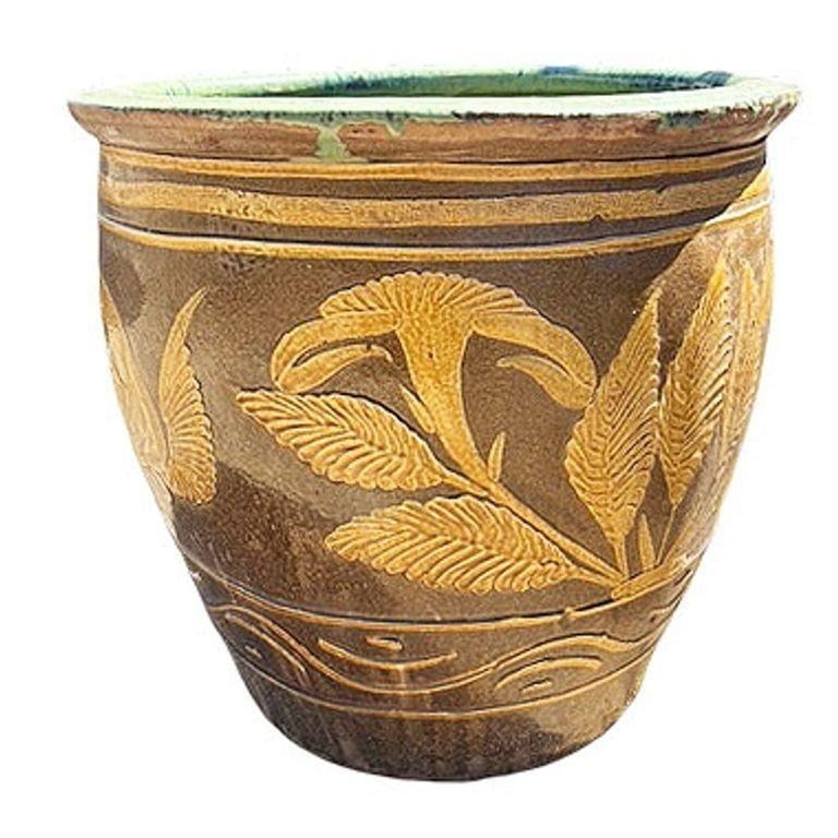 Antique Chinese Century-Egg Pottery Jar ¢ Bird and Fern Motifs ¢ Coastal Jardinir - 5