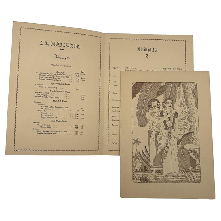1938 SS Mariposa Dinner Menu for Matson Lines Artwork by Frank Mcintosh: SS Mariposa dinner menu for Matson Lines dated July 28, 1938, with cover artwork by Frank Mcintosh. Messurments: 9" tall by 6.5 " wide United States, 1938 Reserve: $81.00 Shipping: Domestic: Shipping