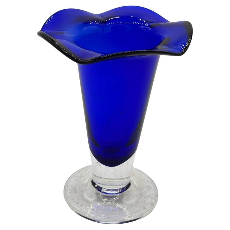9? Tall Dark Cobalt Blue Art Glass Hand-blown Vase w/ Ruffle Top: Original 9? Tall cobalt blue glass hand-blown vase with a ruffled rim by AAC Handcrafted. The vase features a beautifully transparent, blue, cone-shaped vase with a clear glass base. This handcrafted 