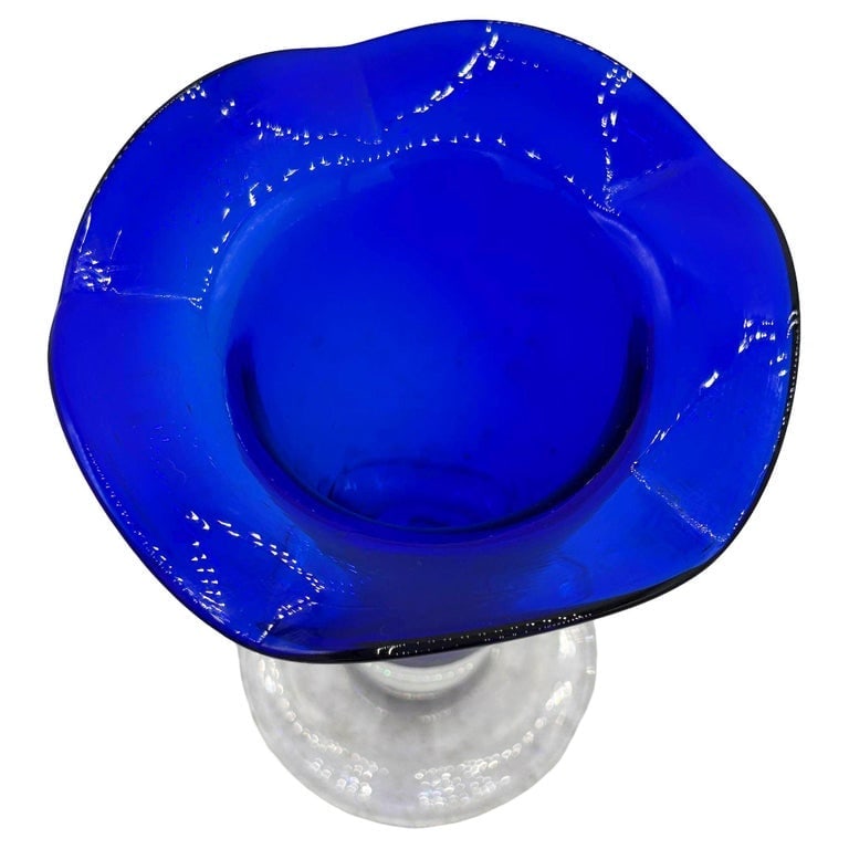 9? Tall Dark Cobalt Blue Art Glass Hand-blown Vase w/ Ruffle Top - 2